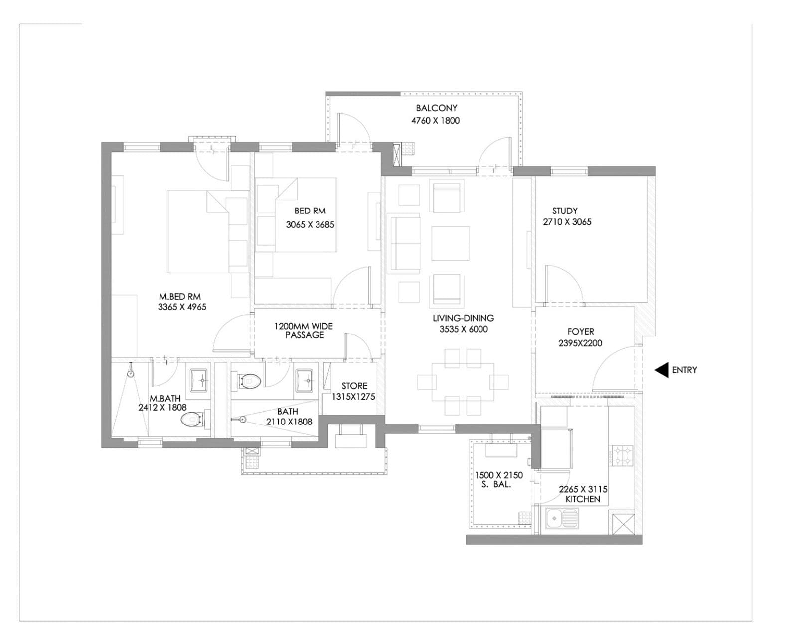 2 BHK + Study floor plan