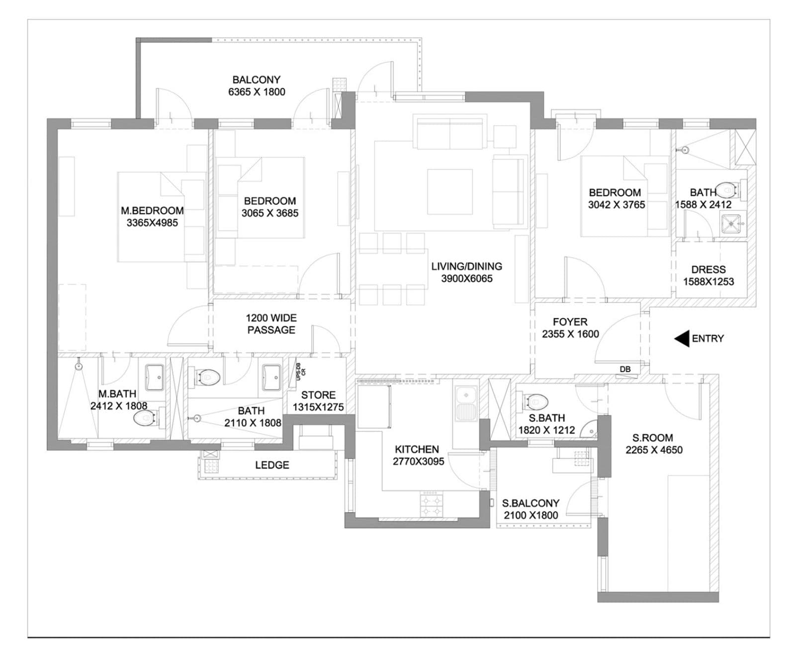 3 BHK + Servant floor plan